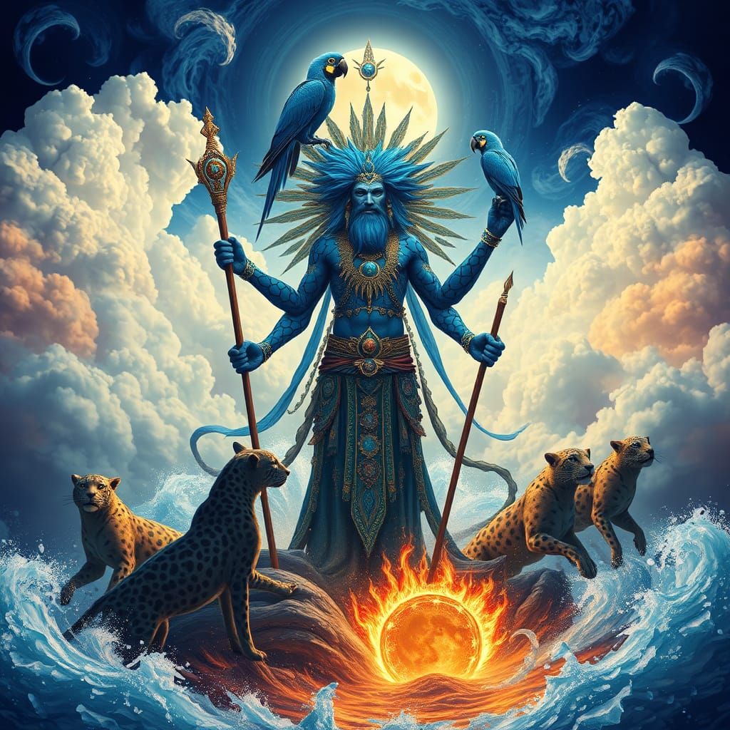 Blue Leopard Shaman with Parrots in Surrealist Style