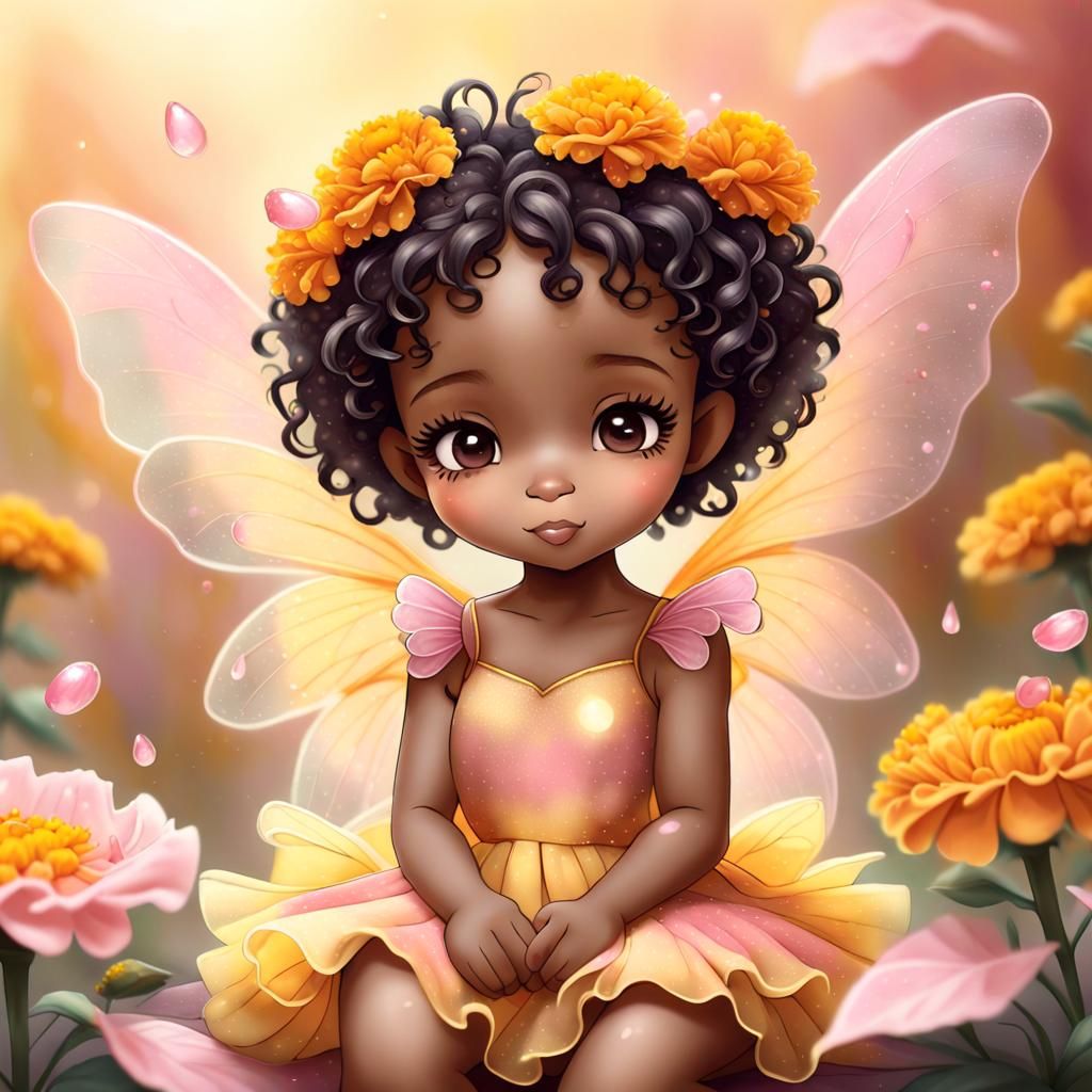 African American Fairy on Marigold in Digital Illustration