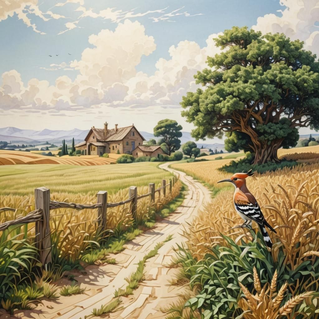 Fractal Landscape with Hoopoe in Escheresque Style