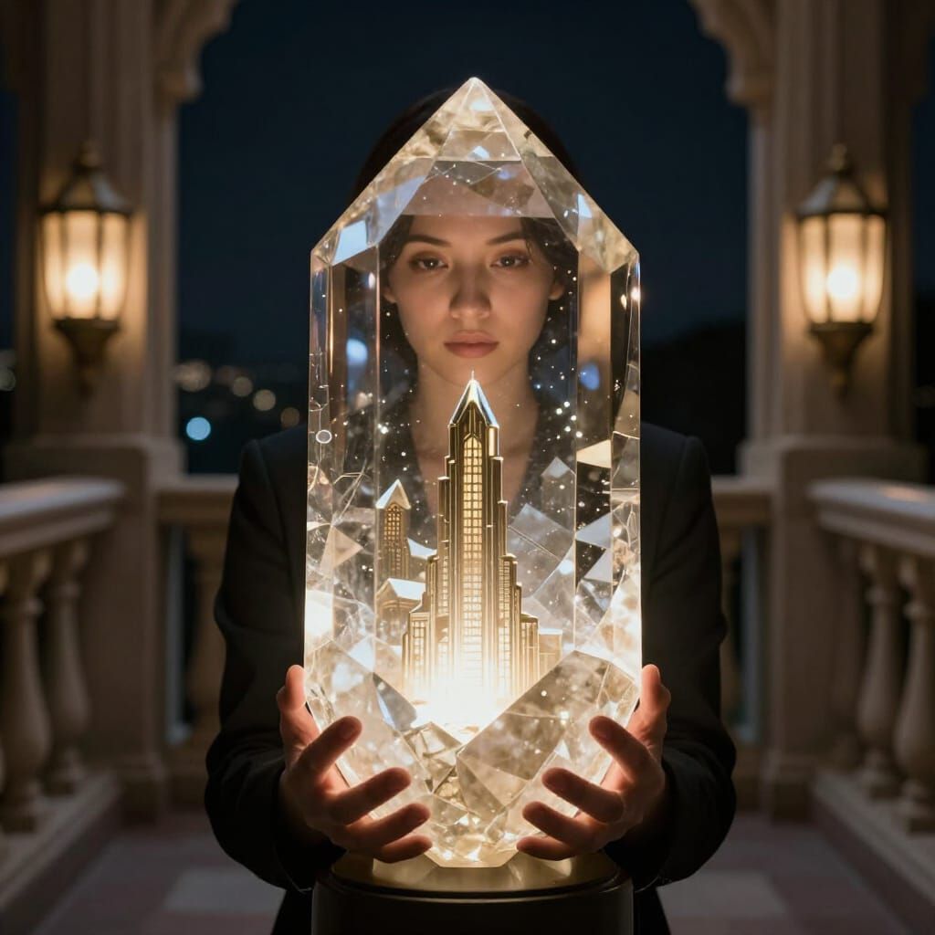 Magical Curator Holds Art-Deco Crystal City at Night