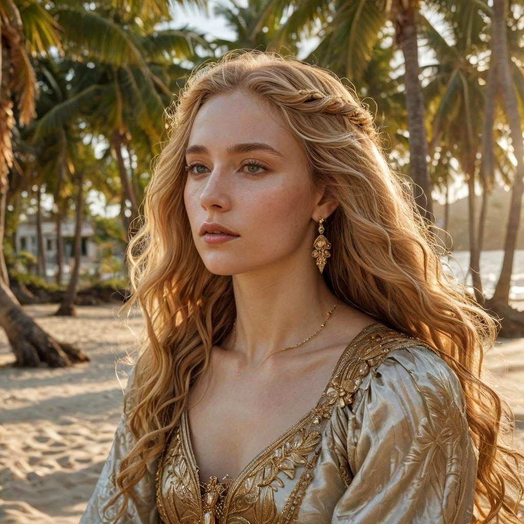 Golden Goddess on Tropical Beach, Hyperdetailed Art