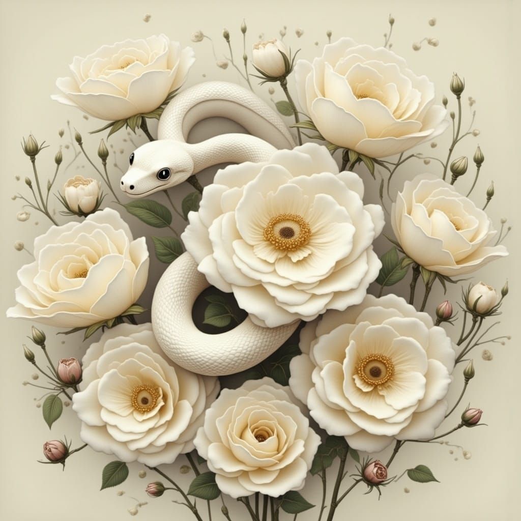 Surreal Albino Snake Amidst White Roses in Dreamy Digital Ar...