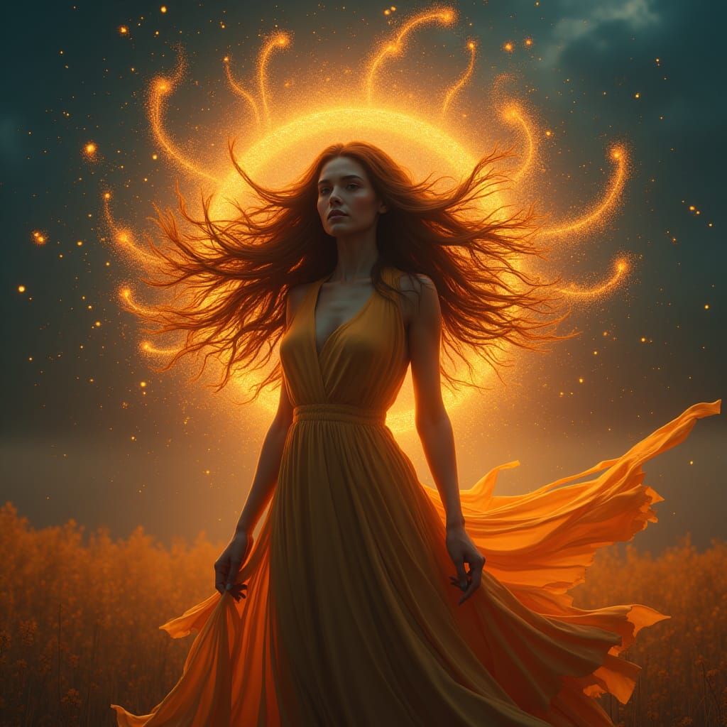 Autumnal Woman Crowned by Sparks: Fantasy Concept Art