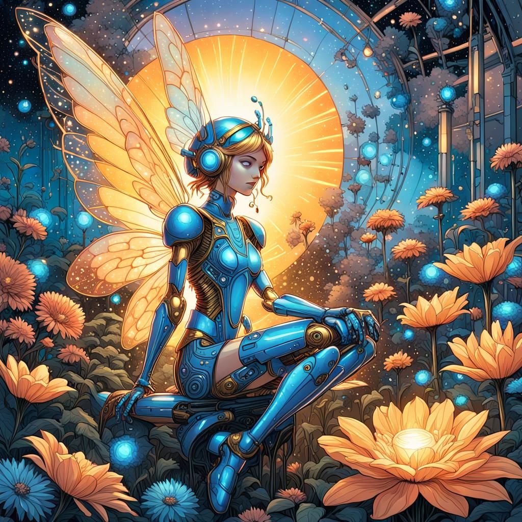 Robotic Fairy in a Glowing Garden, Digital Comic Art