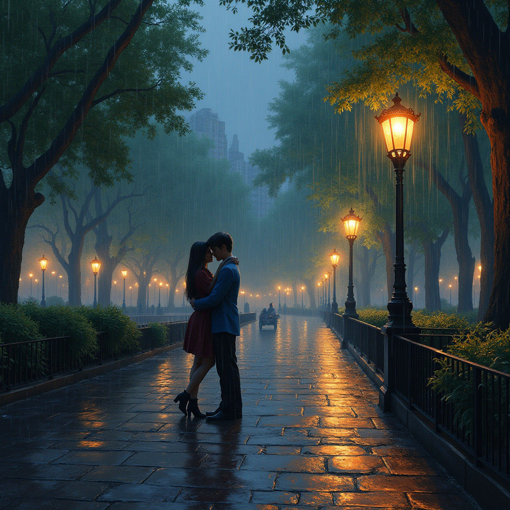 Romantic Twilight Embrace in Washington Square Park
