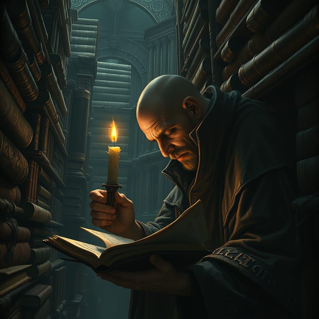 Scholar Studying Ancient Texts in Gothic Library