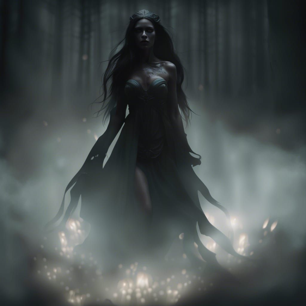 Night Goddess Emerging from Shadows in Matte Painting