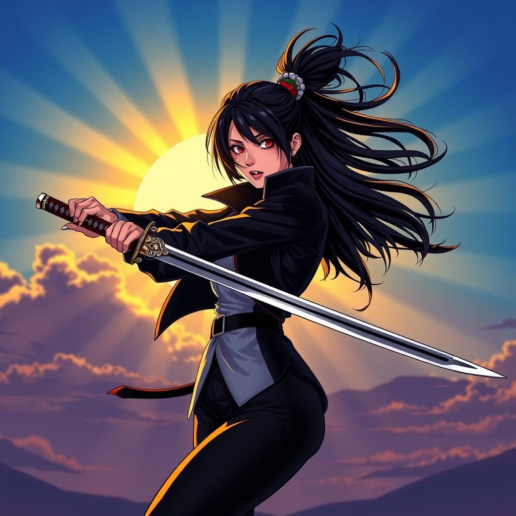 Anime Swordswoman in Dramatic Evening Sky