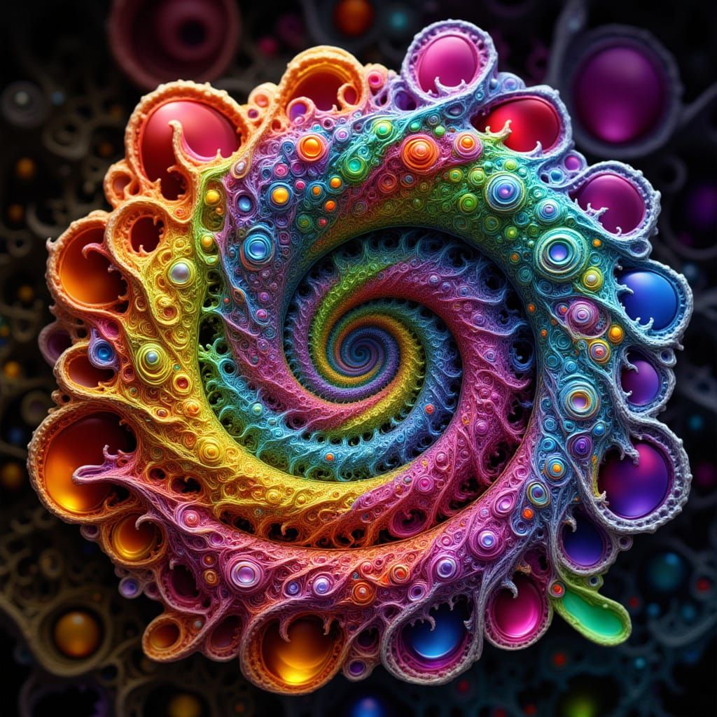 tame twindragon  style fractal spiral with rainbow swirls, vivid paint‑like gradients, iridescent stained‑glass shards, ...