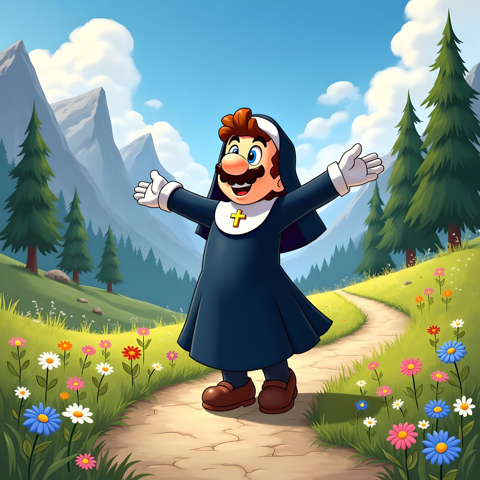 Cartoon Mario as Maria in the Alps