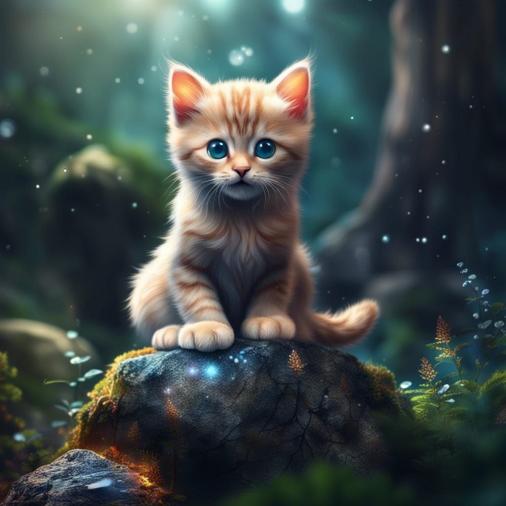 Cute Kitten in Forest: Hyper-Real Matte Painting