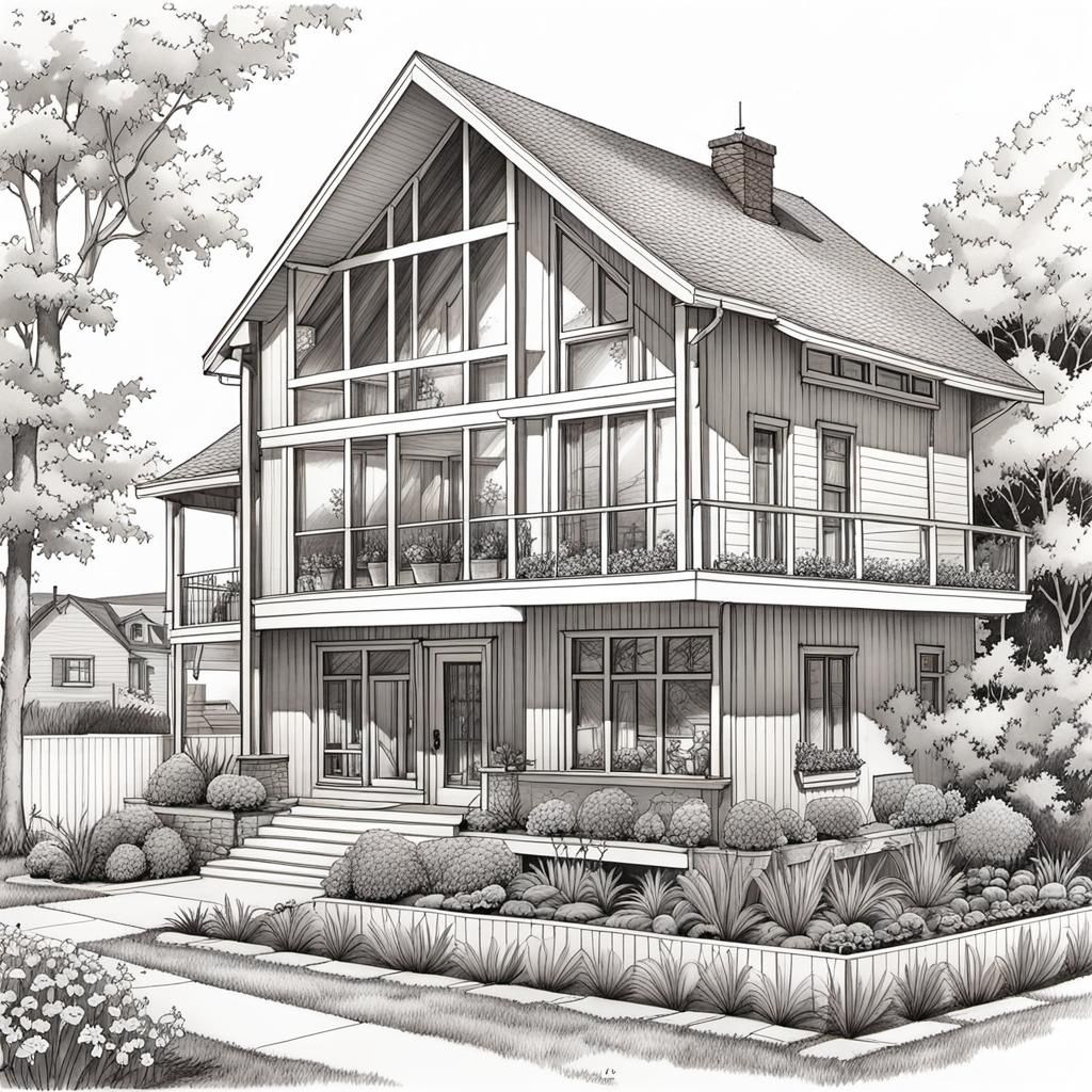 Suburban Home Cross-Section: Ligne Claire Ink Illustration