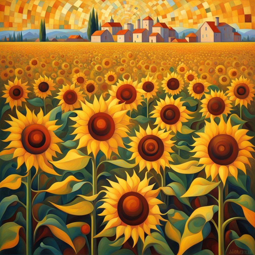 Steampunk Sunflower Field in Abstract Cubism Style