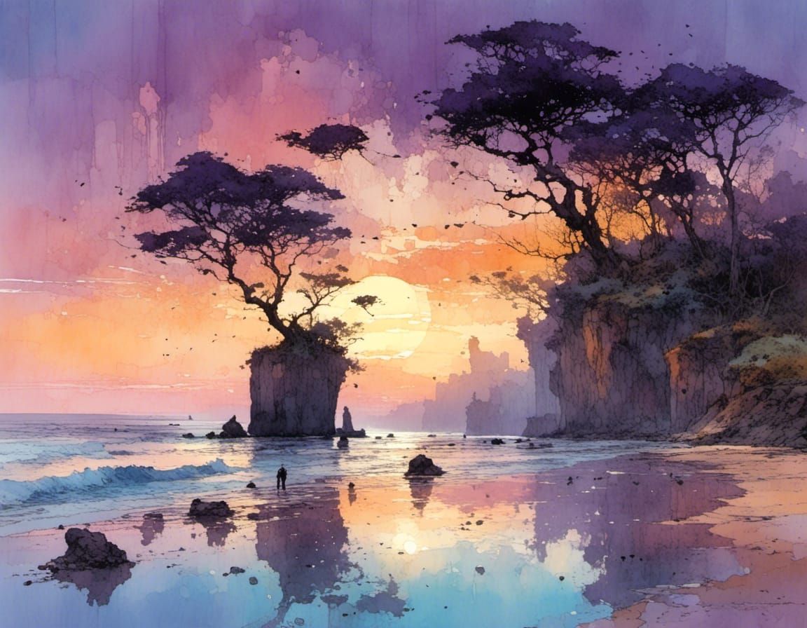 Coastal Beach Cliffs at Sunset in Watercolor Style