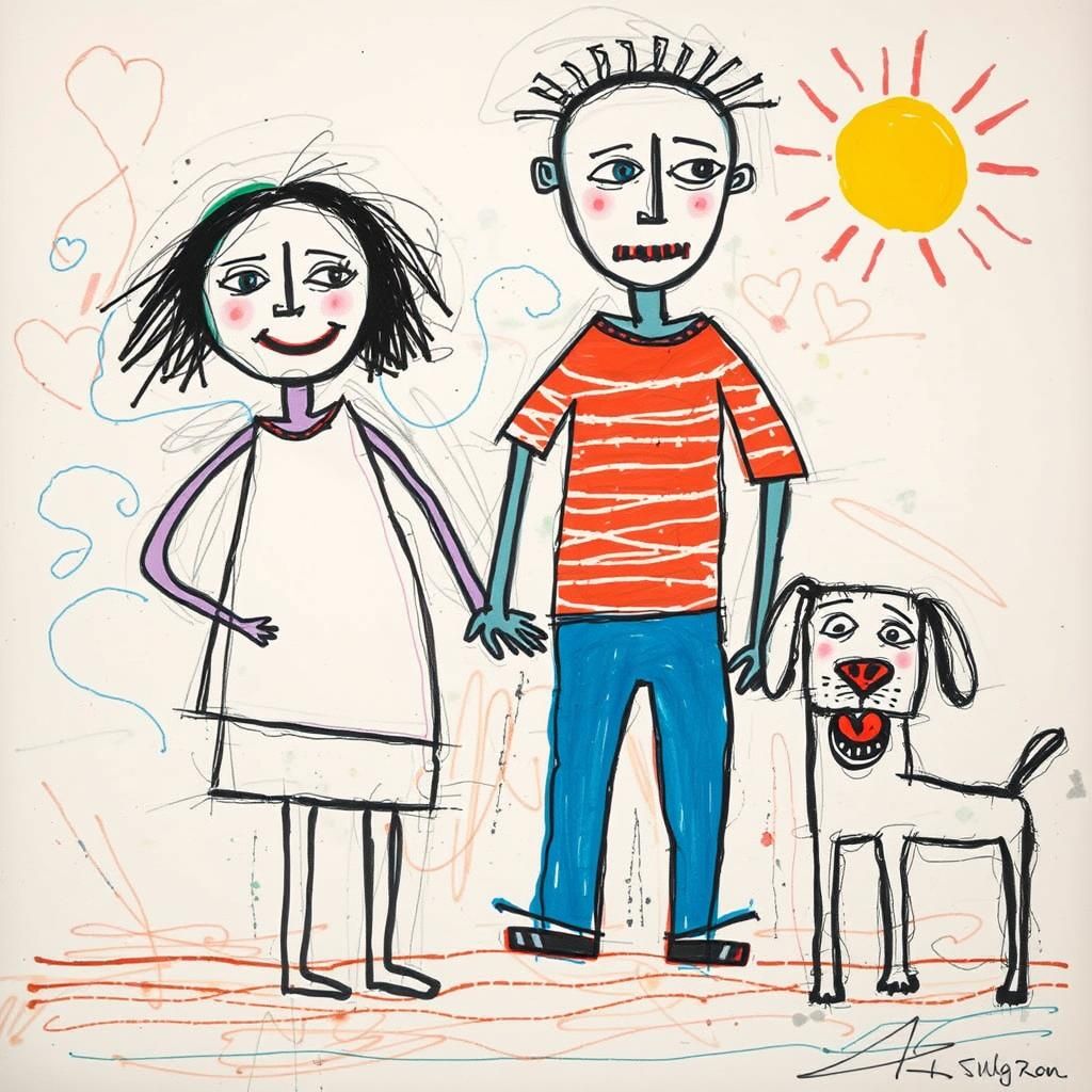 Childlike Drawing of Happy Family with Dog