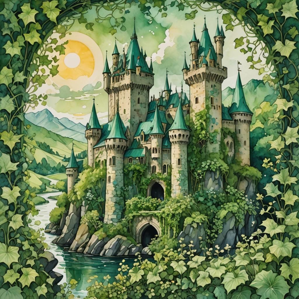 Watercolor of an overgrown castle