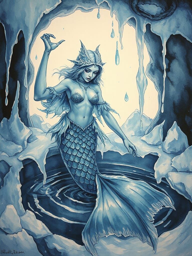 Frost Mermaid Rises from Mural in Watercolor Style