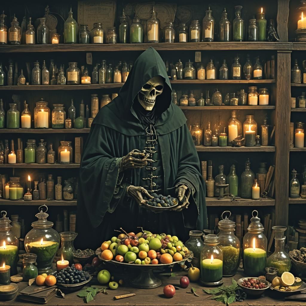 Eerie Apothecary: Gothic Reaper's Glowing Harvest