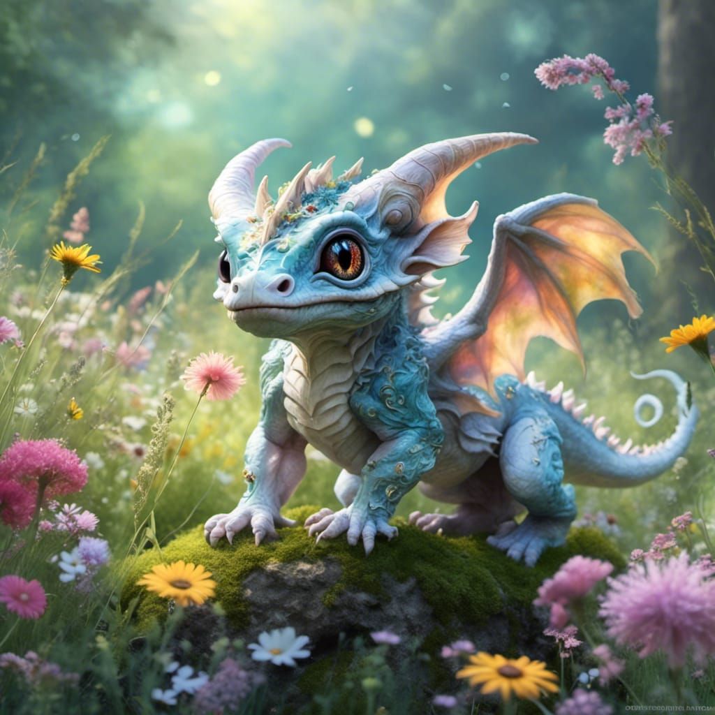 Pastel Kawaii Gargoyle Playing in Meadow