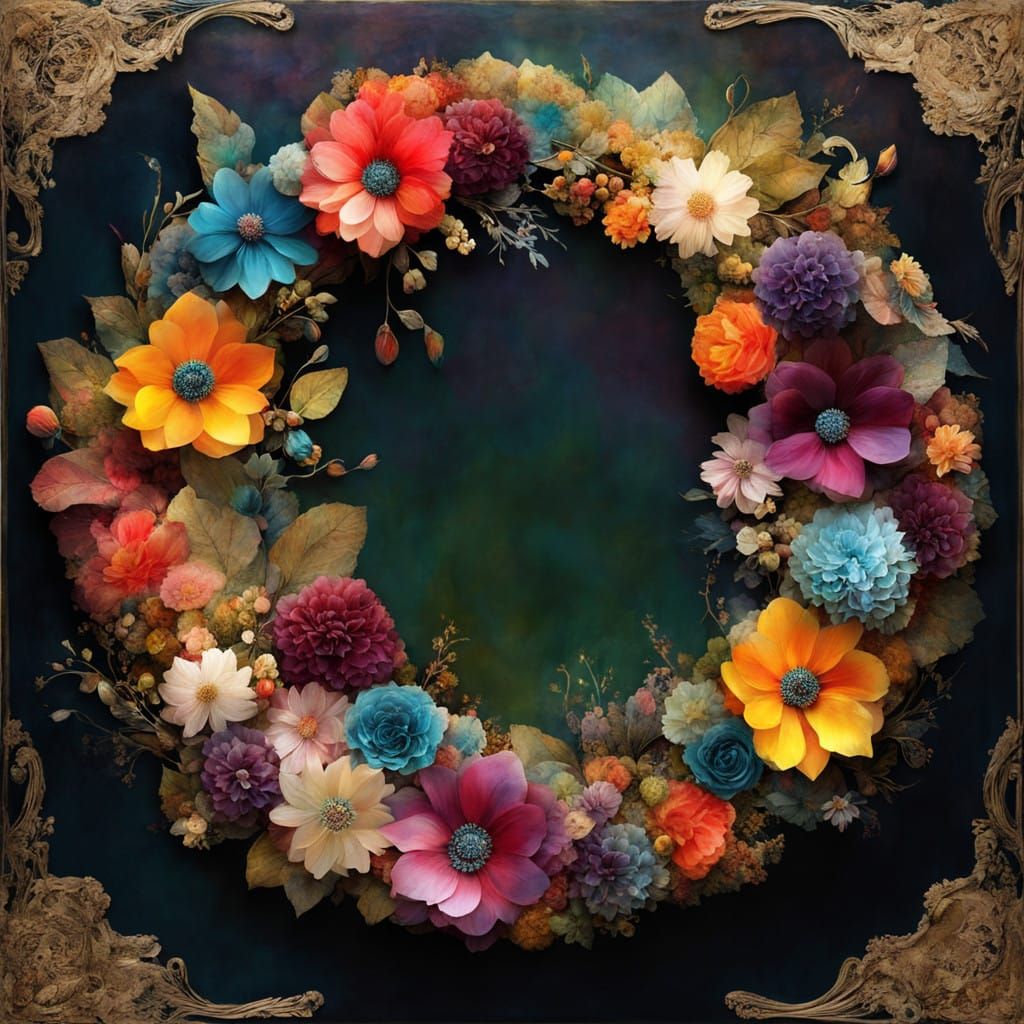 Dreamlike Floral Wreath in Vibrant Triadic Colors