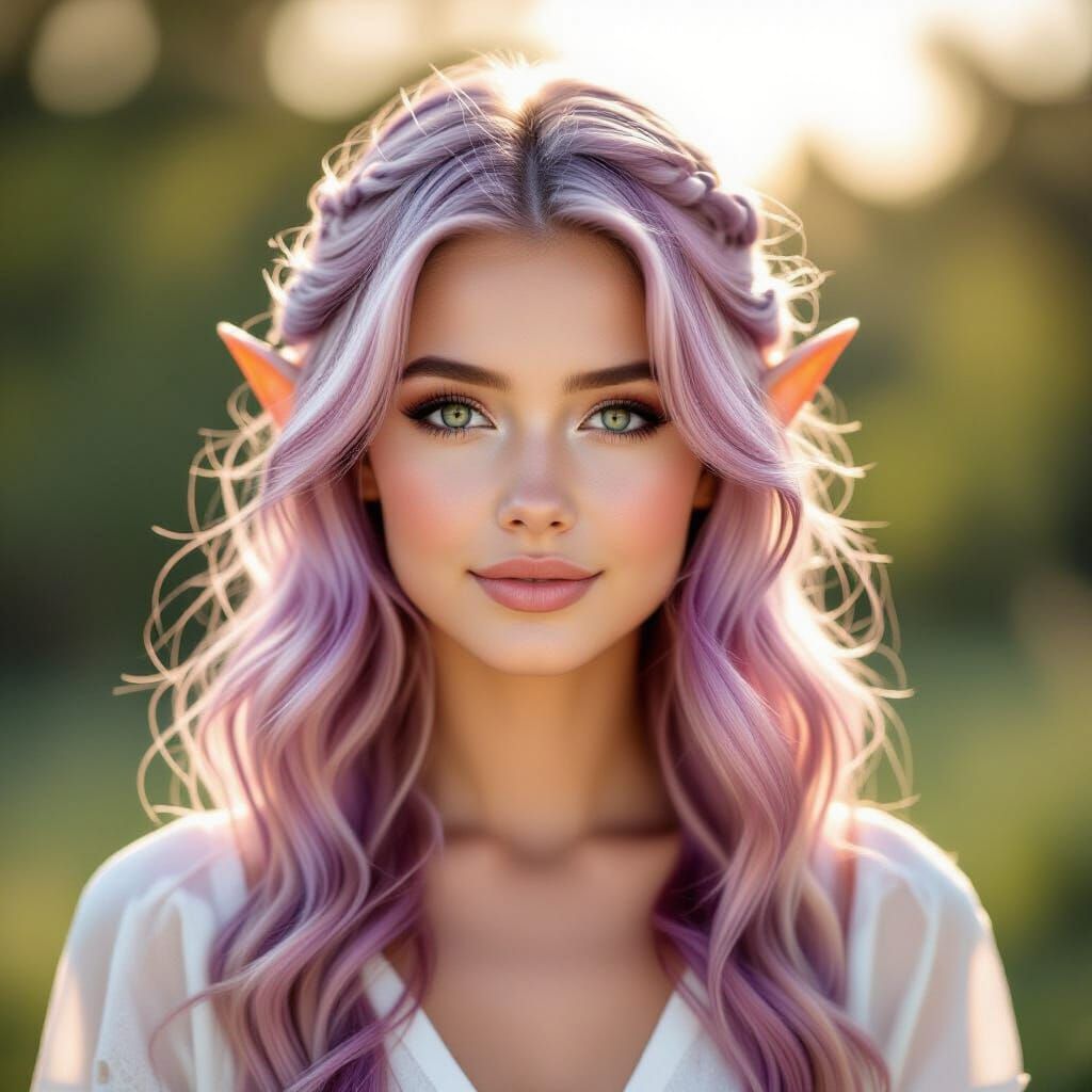 Elf Woman with Dynamic Hair Gazes Thoughtfully