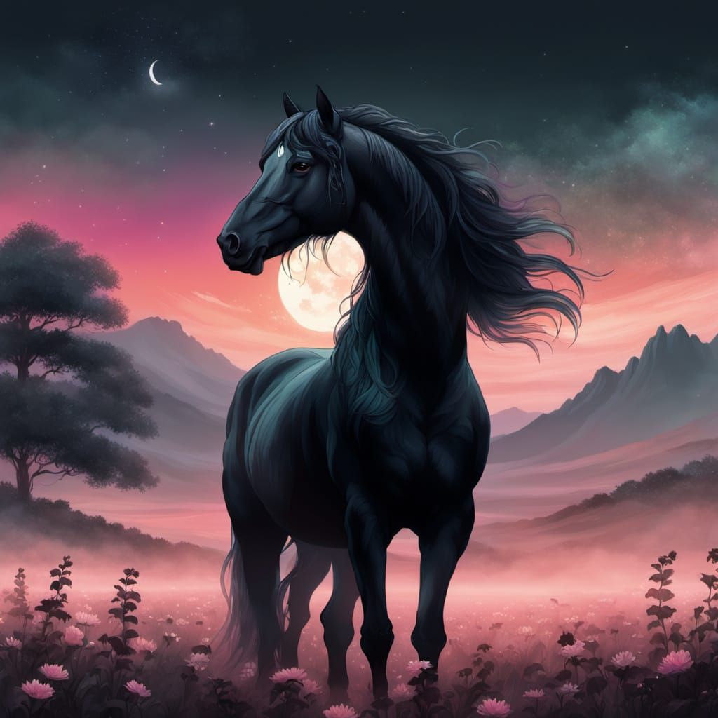 Stallion with Jasmine Flowers in Ethereal Vaporwave Glow
