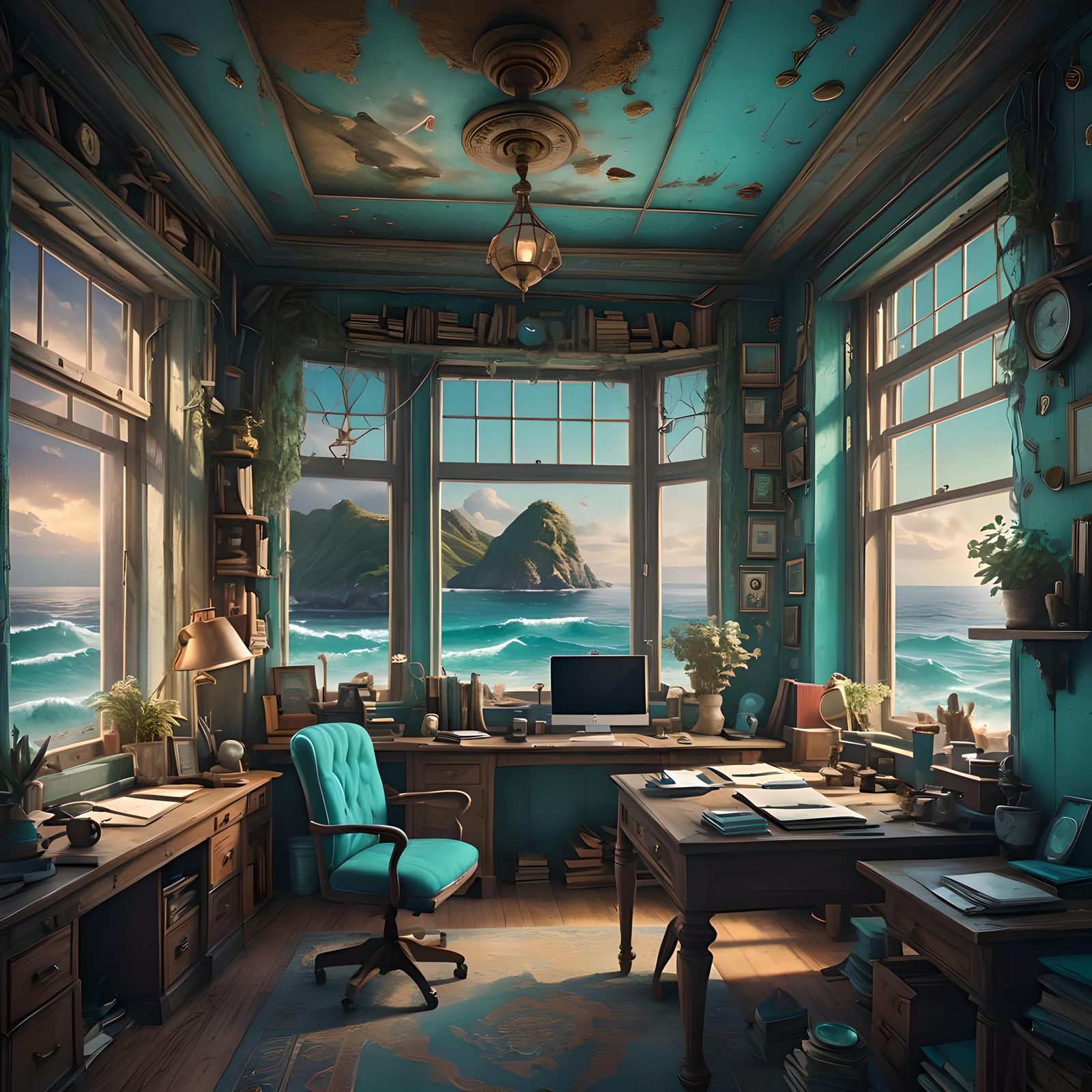 Cozy Lilac Office with Seashore View