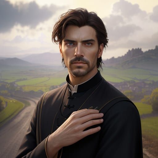 Cinematic Catholic Priest in European Countryside