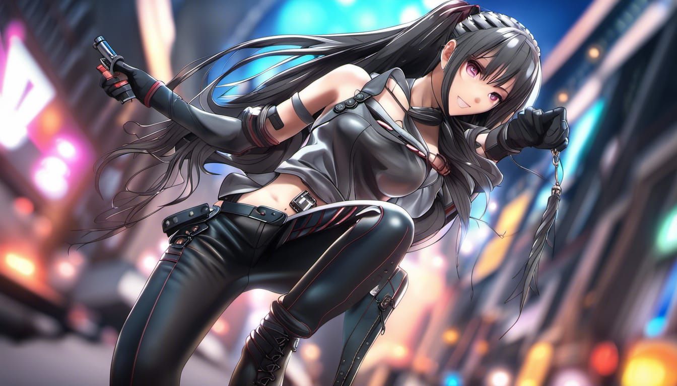 closeup anime full body action scene 4k 3D anime Dual pistol female fighter long hair beautiful braids grafitti anime co...