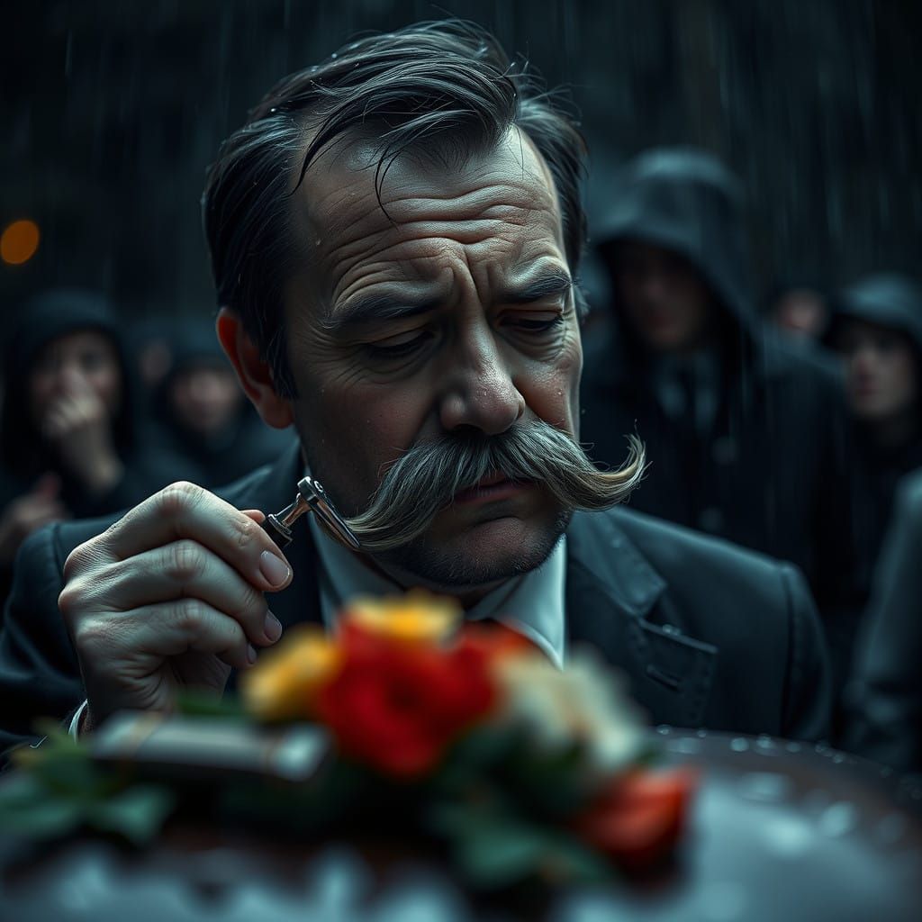 Man Weeps at Funeral in Moody, Rainy Atmosphere, in Somber C...