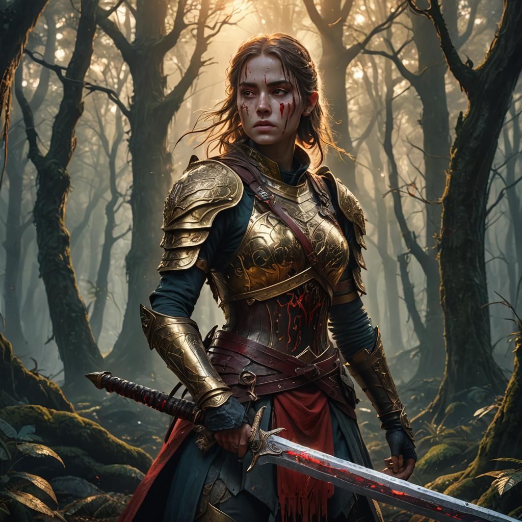Girl with Bloody Sword in Mystical Forest