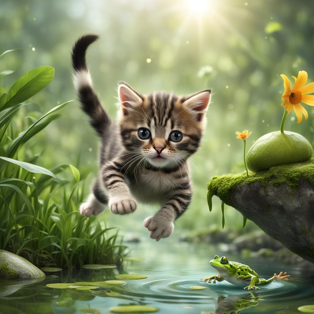 Kitten's Leap: Adorable Frog Chase in Matte Painting