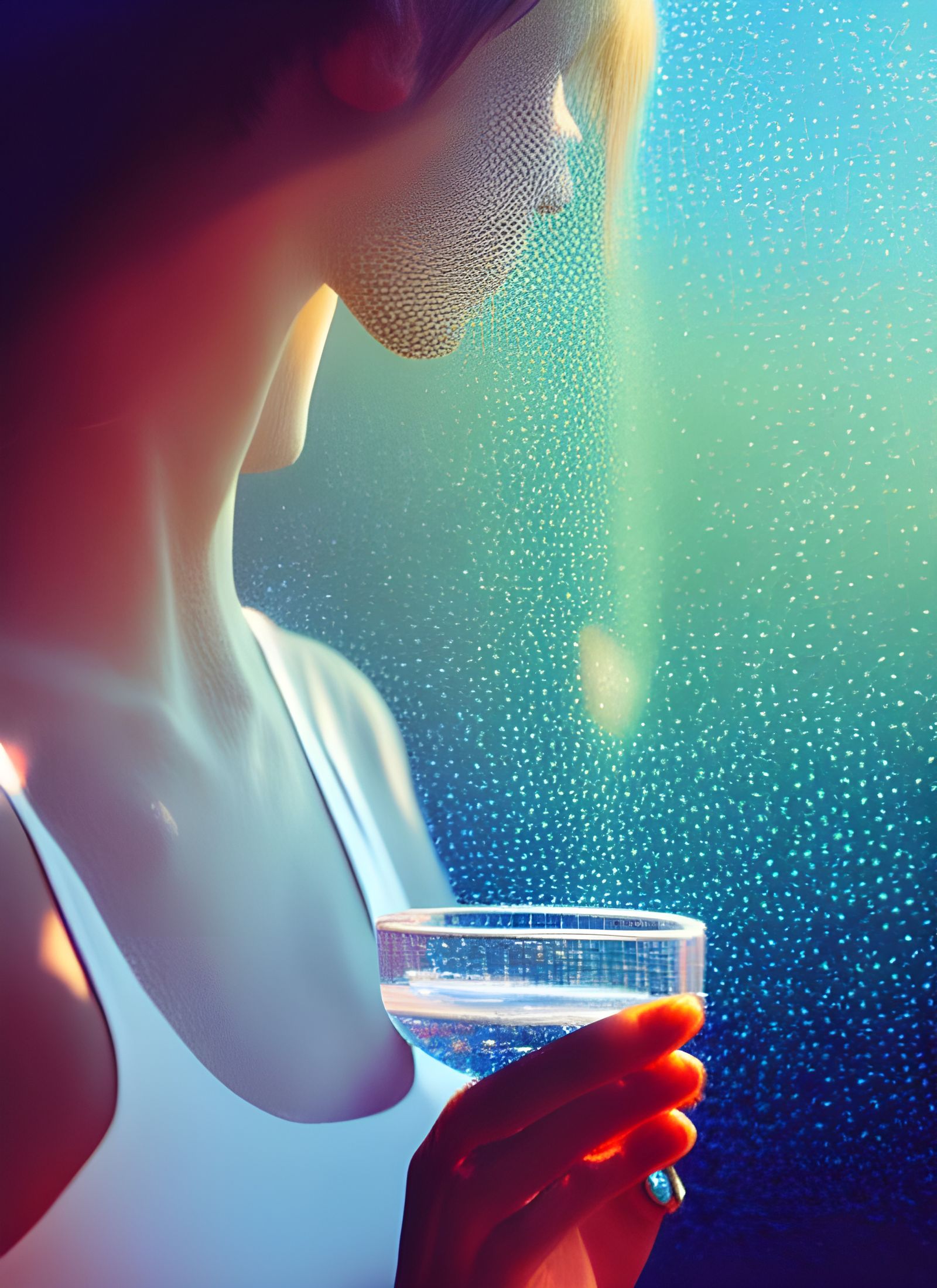 Ethereal Lady with Water Glass in Sunlight