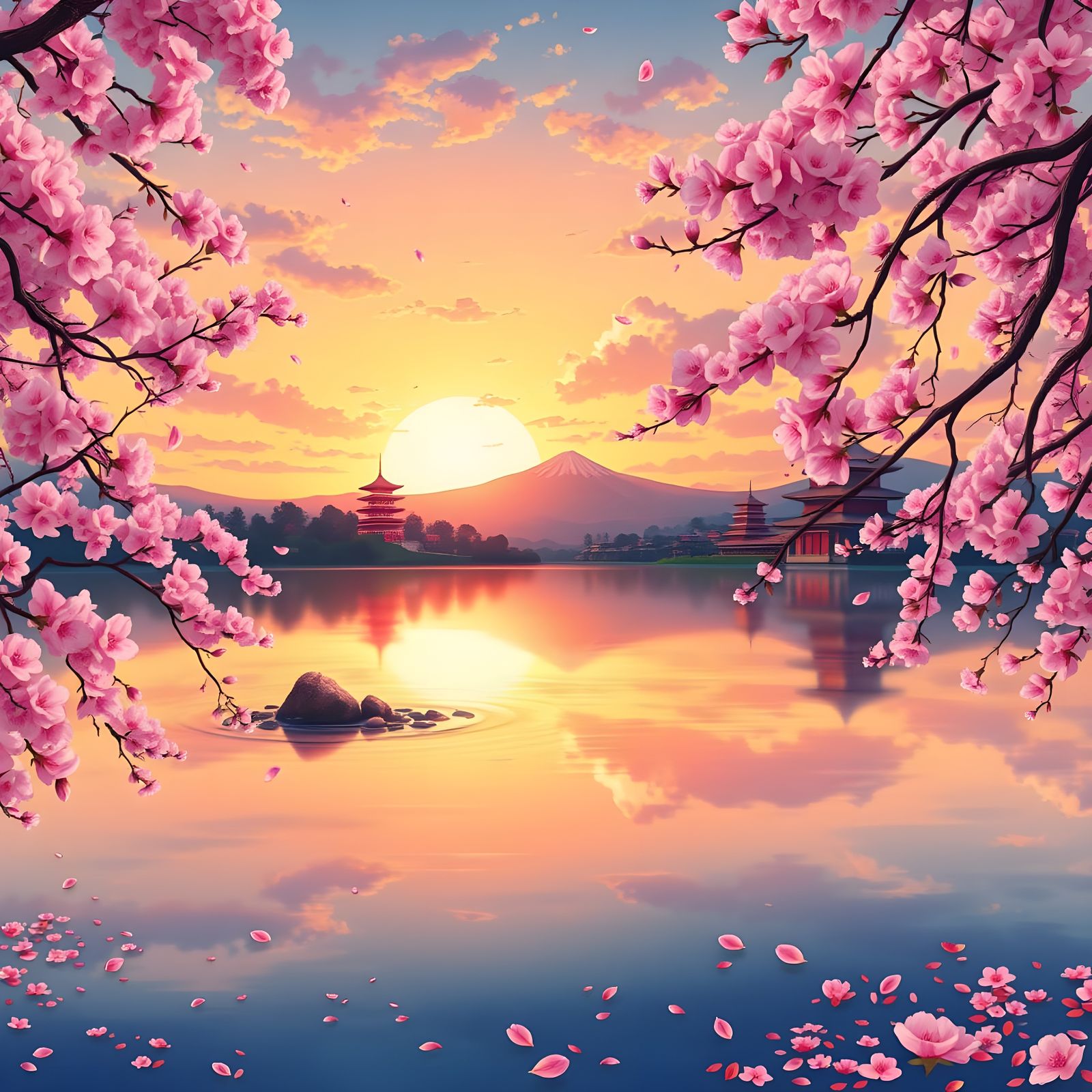 Surreal Cherry Blossom Sunset Over Japanese Temples