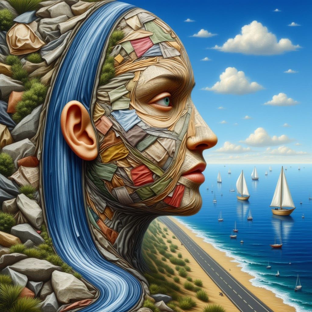 Surreal Fabric Face Portrait with Serene Waterfall and Highw...