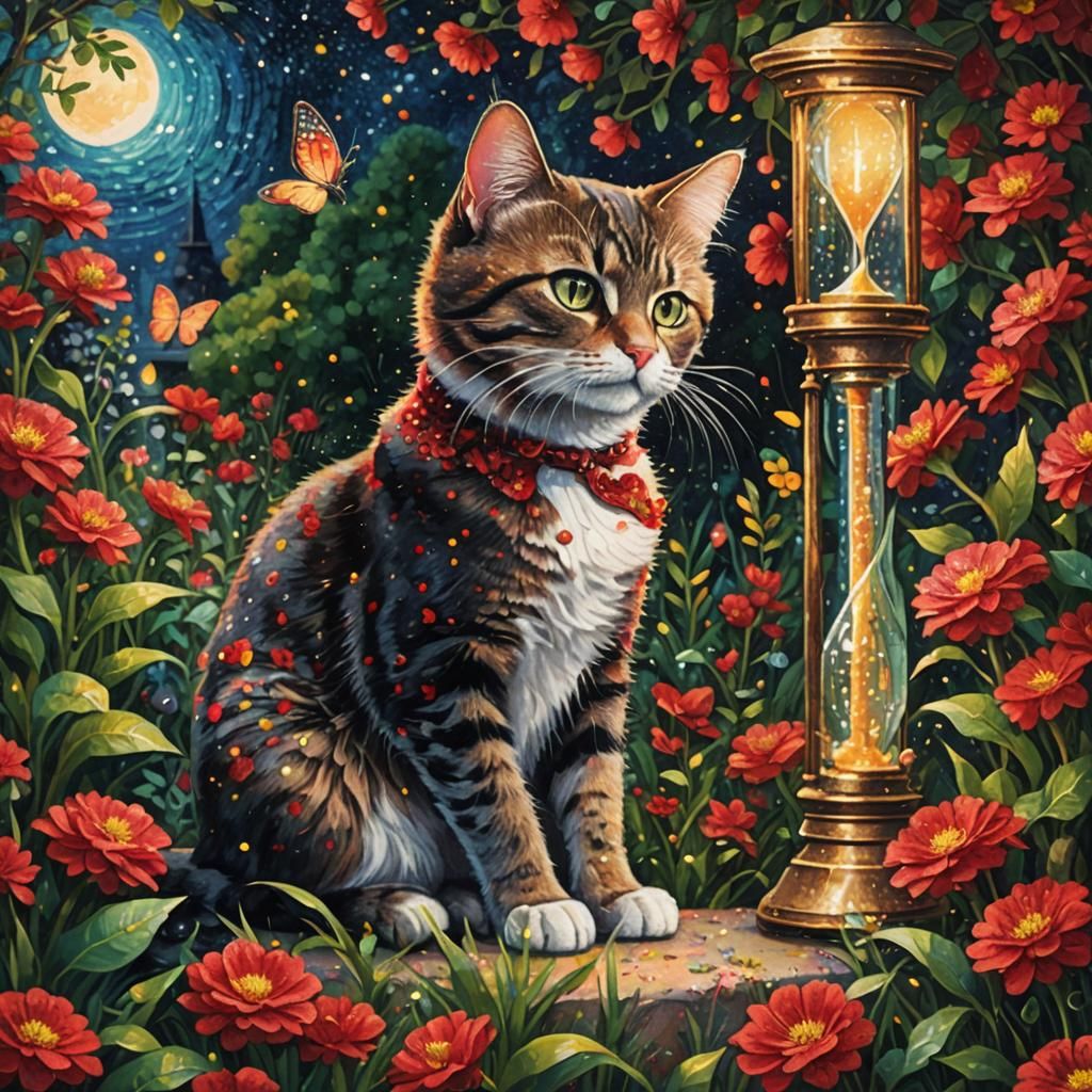 Pointillist Cat in a Night Garden with Hourglass