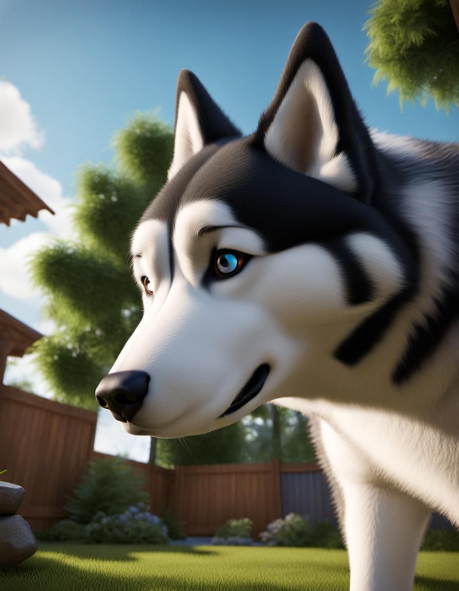 Low Angle View of a Husky Dog as 3D Digital Art