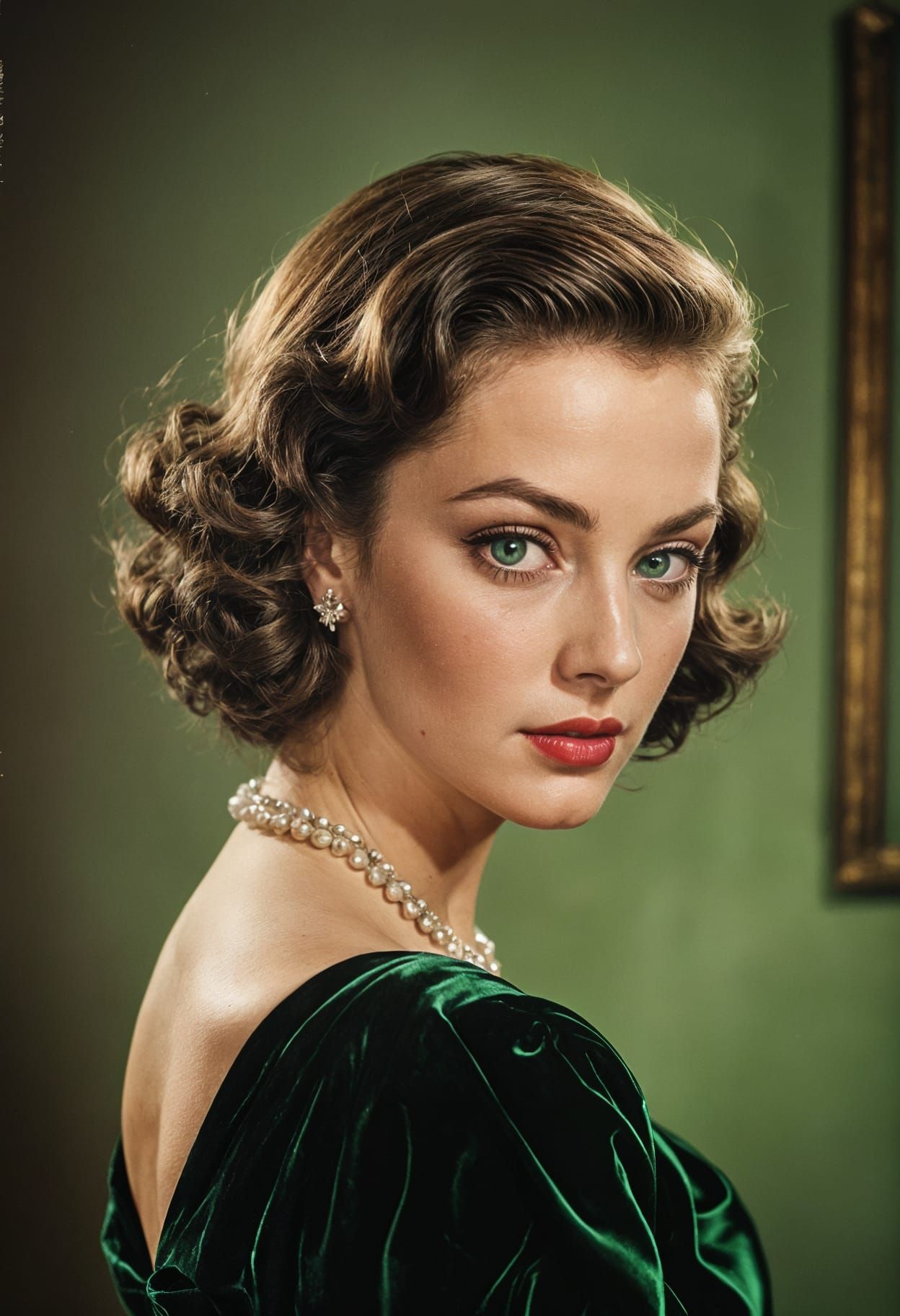 Elegant 1950s Glamour Portrait with Green Eyes