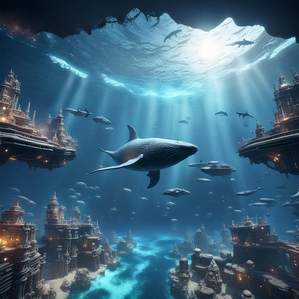 Floating Ocean in Space with Underwater City