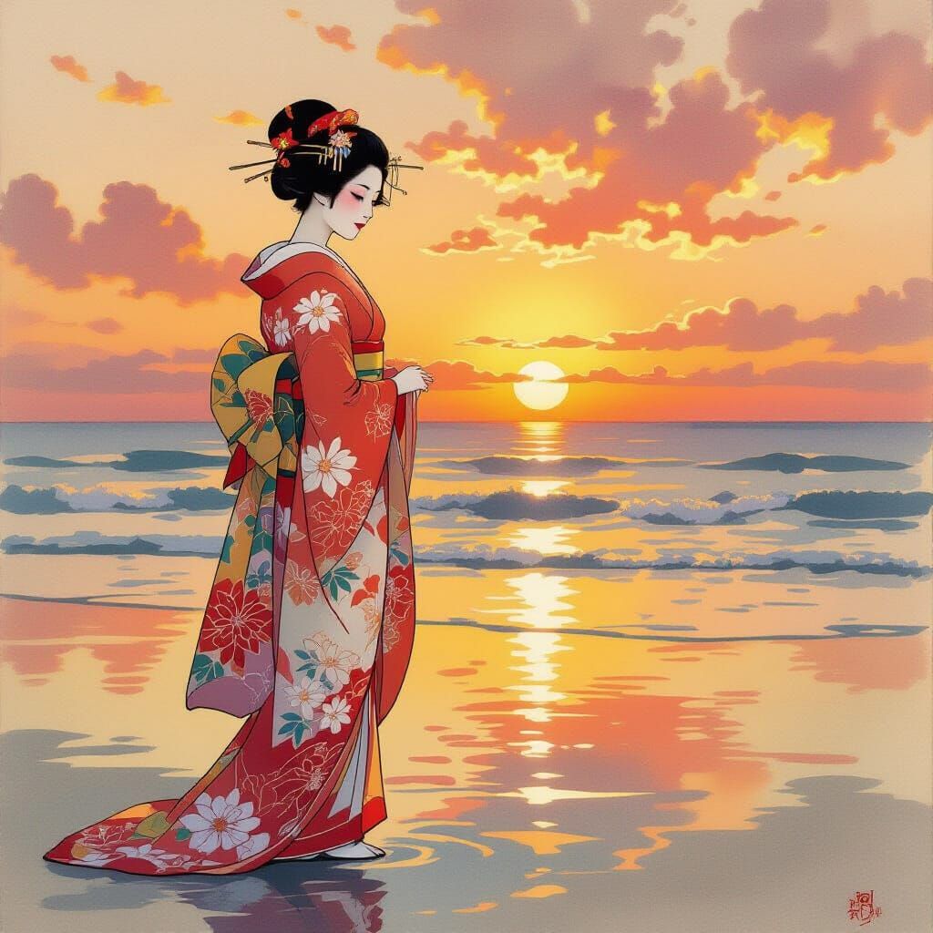 Geisha on Beach at Sunset in Art Nouveau Watercolor Style
