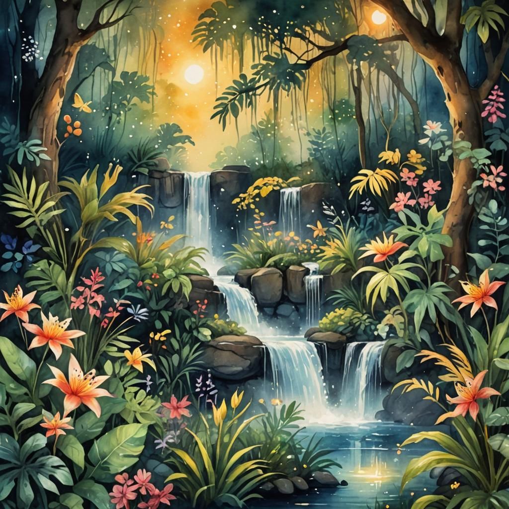 Mystical Waterfall in Dreamy Watercolor Forest