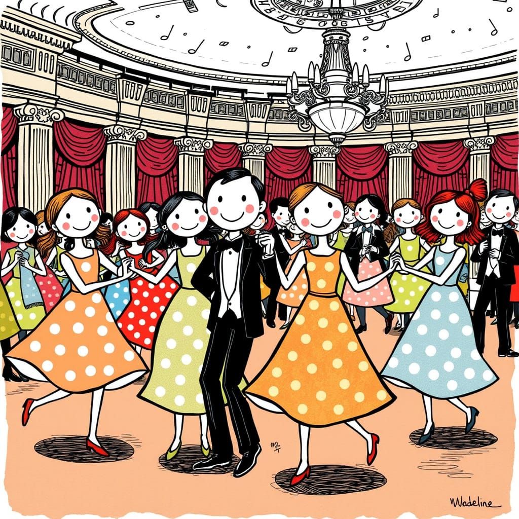 Polka Dot Figures Dancing in Grand Ballroom