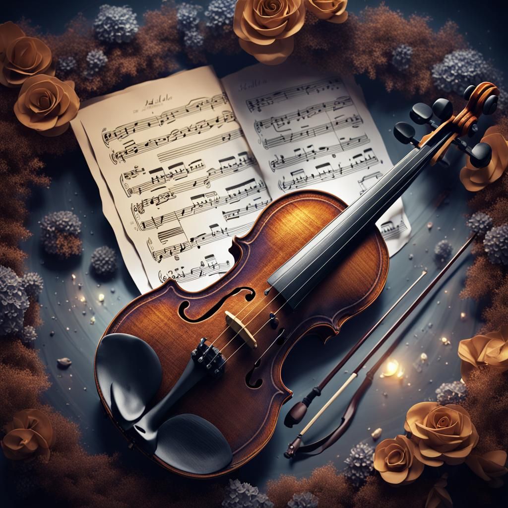 Violin with Sheet Music Inside, Detailed Matte Painting