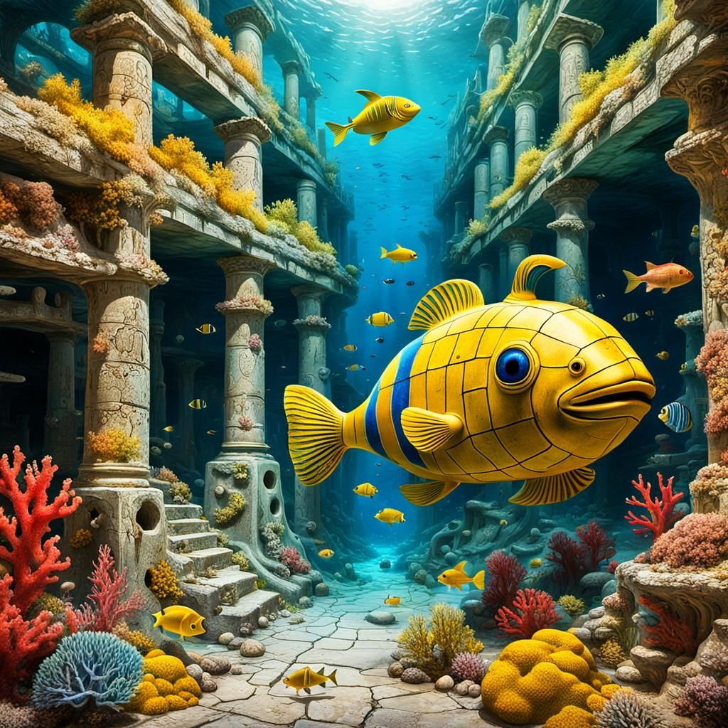 Surreal Submarine and Mermaid in Sunken Greek Village