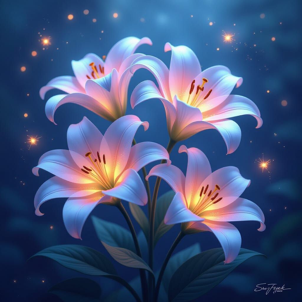Bioluminescent Lilies Floating in Nebula with Cosmic Firefli...