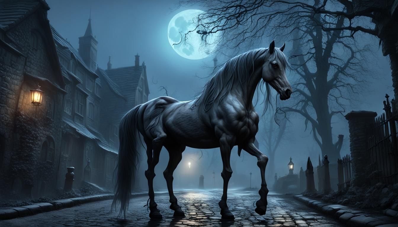 Undead Zombie Horse in Haunted Village, Dark Fantasy Art