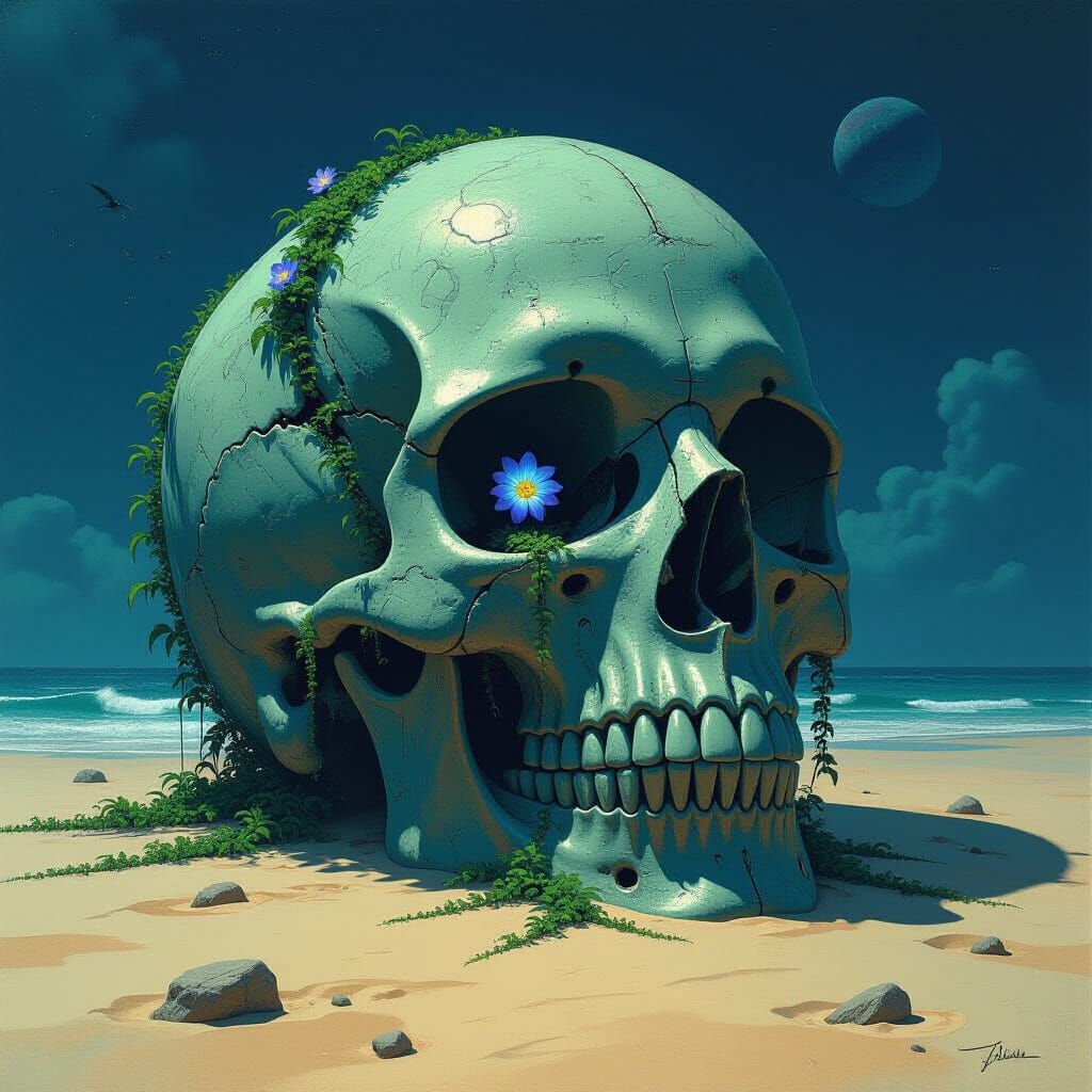 Beksiński-Giger Inspired Biomechanical Kraken Skull on Alien...