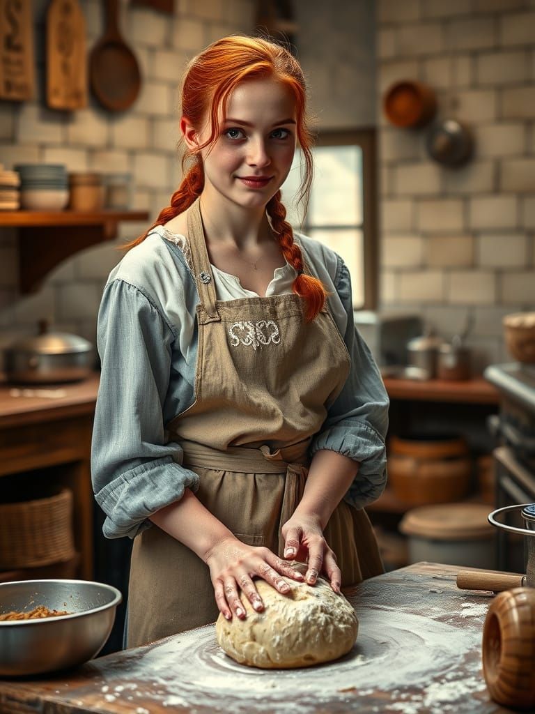 1500s Redhead Baker Kneading Dough in Busy Kitchen