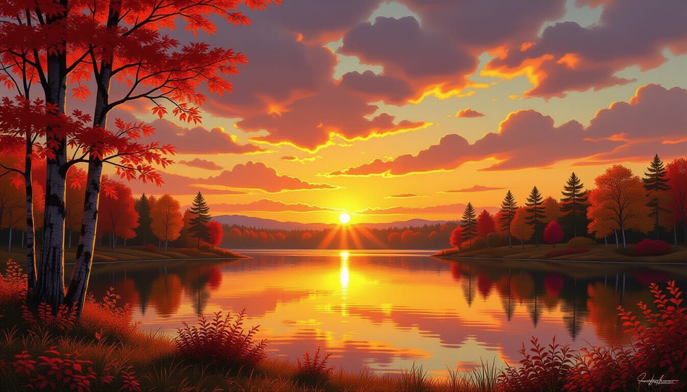 Vibrant Autumn Sunset Landscape Digital Matte Painting