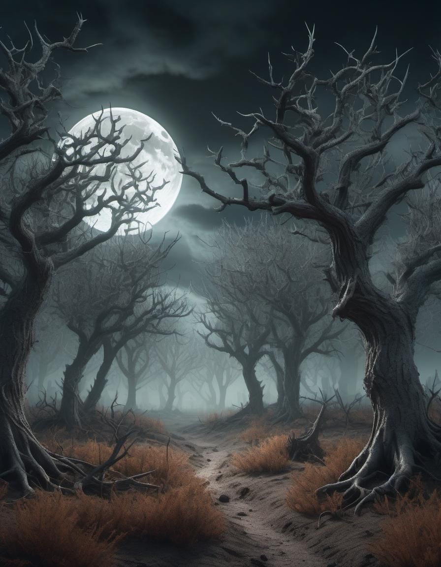 Eerie Forest and Moonlit Horizon in 3D